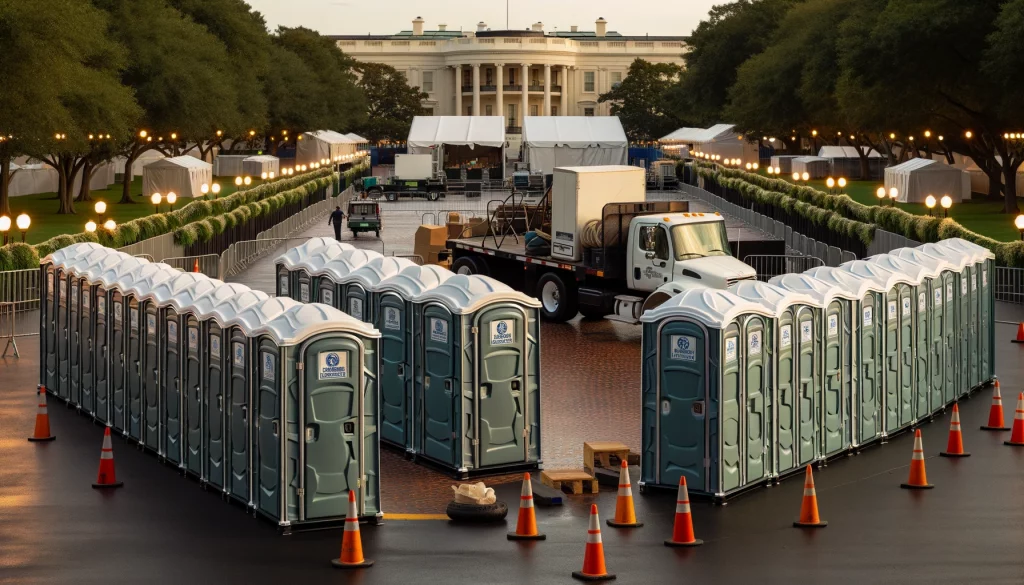 Festival porta potty bank with barricades in Maricopa, Arizona